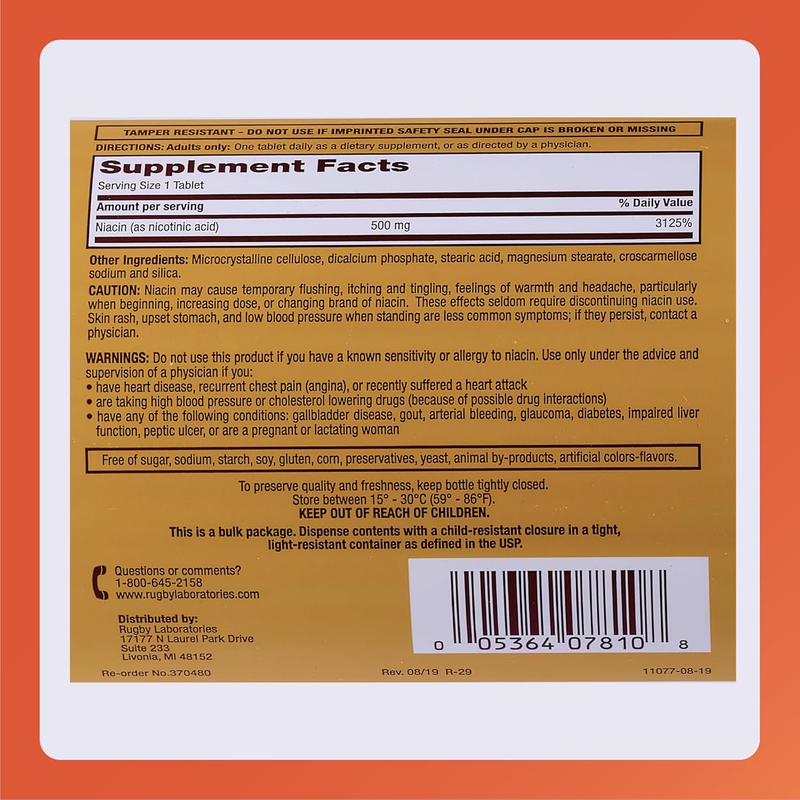 Rugby Niacin Dietary Supplement – 500mg, 1000 Tablets | Supports Cardiovascular Health & Energy Metabolism - RMS PRODUCTS
