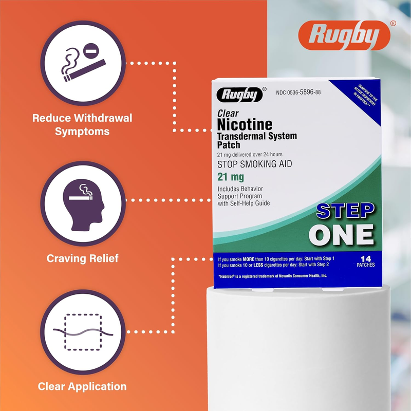 Rugby Clear Nicotine Transdermal System Patch 21 mg – Step 1 | 14 Patches | Stop Smoking Aid - RMS PRODUCTS