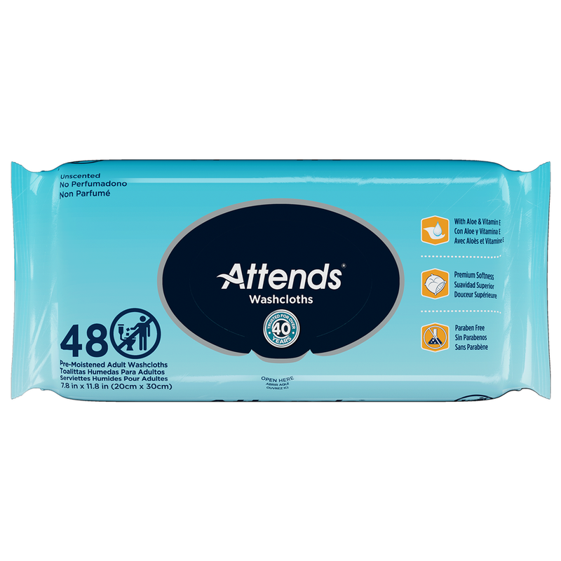 Attends Unscented Washcloths â€“ 48â€‘Count Soft Pack, Alcoholâ€‘Free Cleansing - RMS PRODUCTS