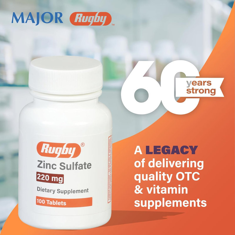 Rugby Zinc Sulfate 220 mg – 100 Tablets | Immune Support & Mineral Supplement for Overall Health - RMS PRODUCTS