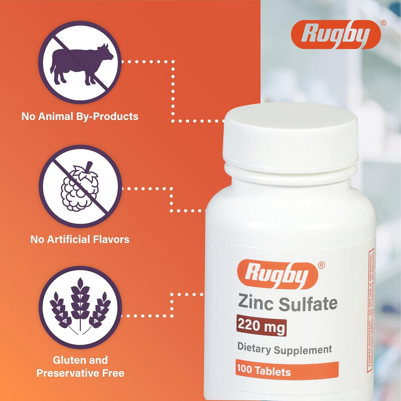 Rugby Zinc Sulfate 220 mg – 100 Tablets | Immune Support & Mineral Supplement for Overall Health - RMS PRODUCTS