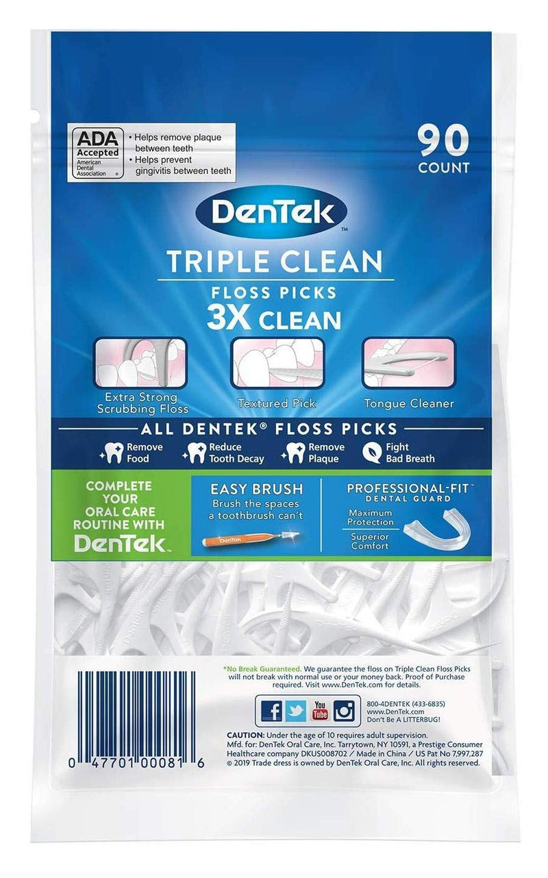 DenTek Triple Clean Advanced Clean Floss Picks No Break & No Shred Floss (90 Count (Pack of 3)) - RMS PRODUCTS